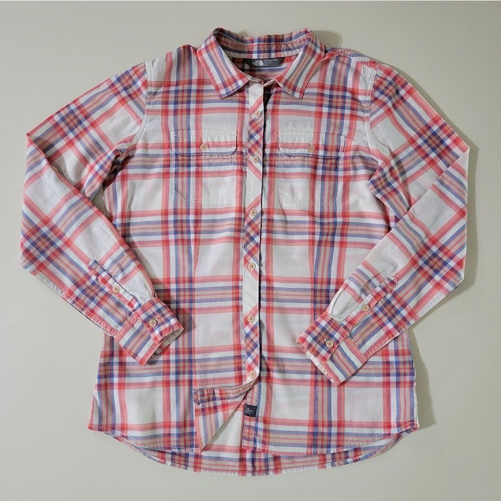 The North Face Women's Plaid Cotton Long Sleeve Button-Down Shirt Orange Blue